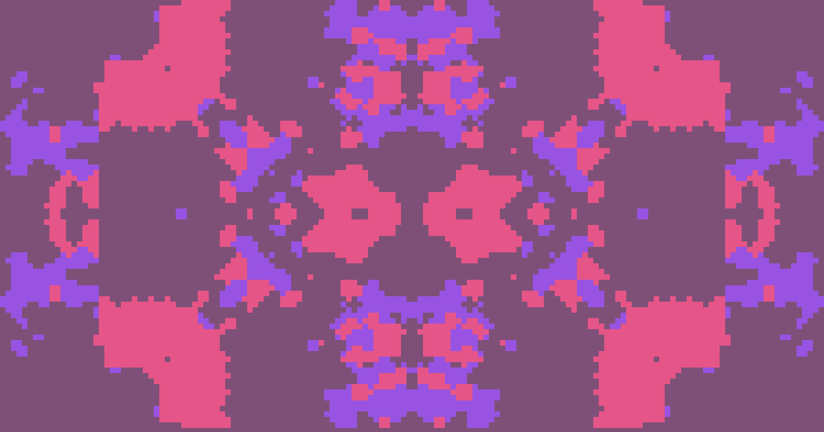 Kaleidoscope variations: a chunky 8-way mirrored pattern that keeps its structure while its seeds and colors change each pass.
