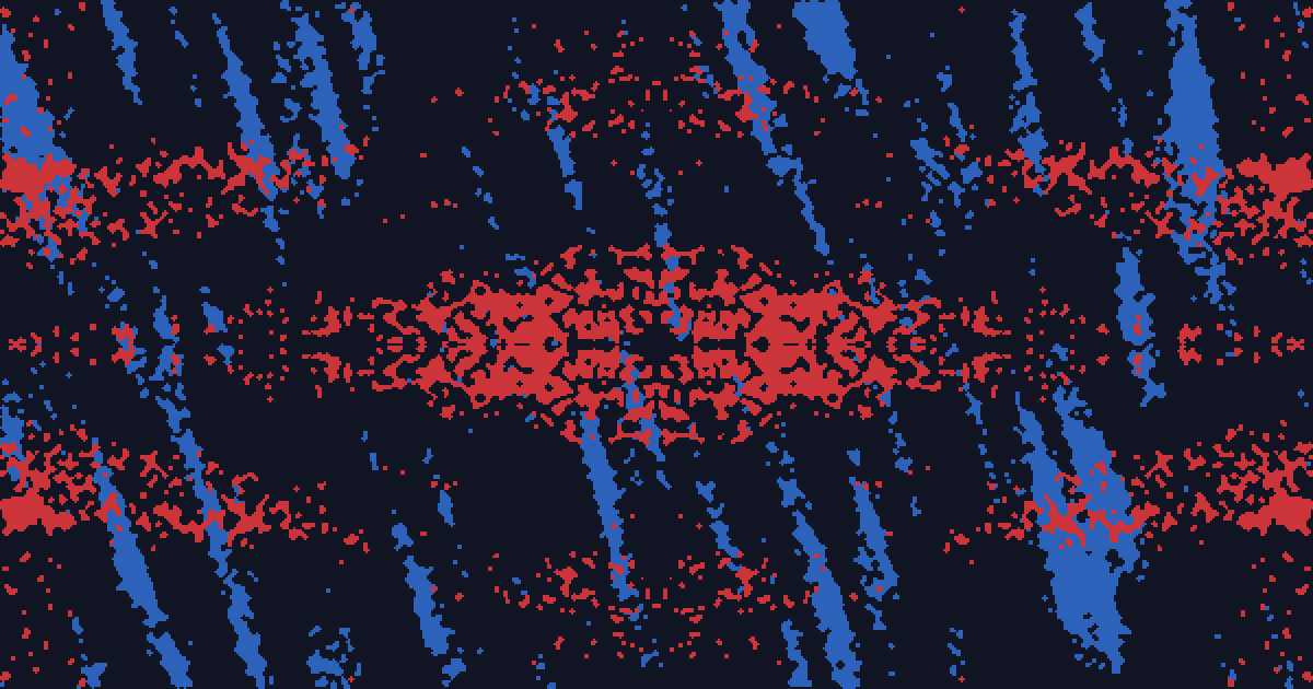 Pulse: the composition inflates and thins as density swings up and down, with cells appearing and vanishing in a stable order.