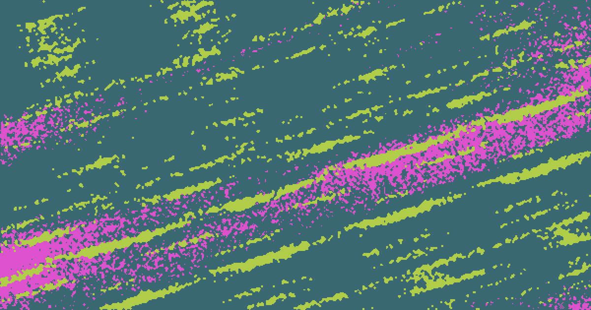 Wind: the pattern travels along its flow direction as a broad gust bends it, rising and settling once across the cycle, with fine wisps running ahead of the wider streaks.