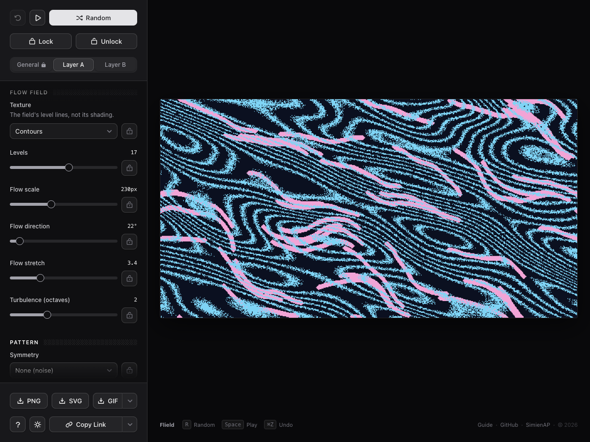The Flield interface: the settings sidebar on the left showing a layer's Flow field controls with its Texture set to Contours, and the composition those settings produce filling the canvas on the right.